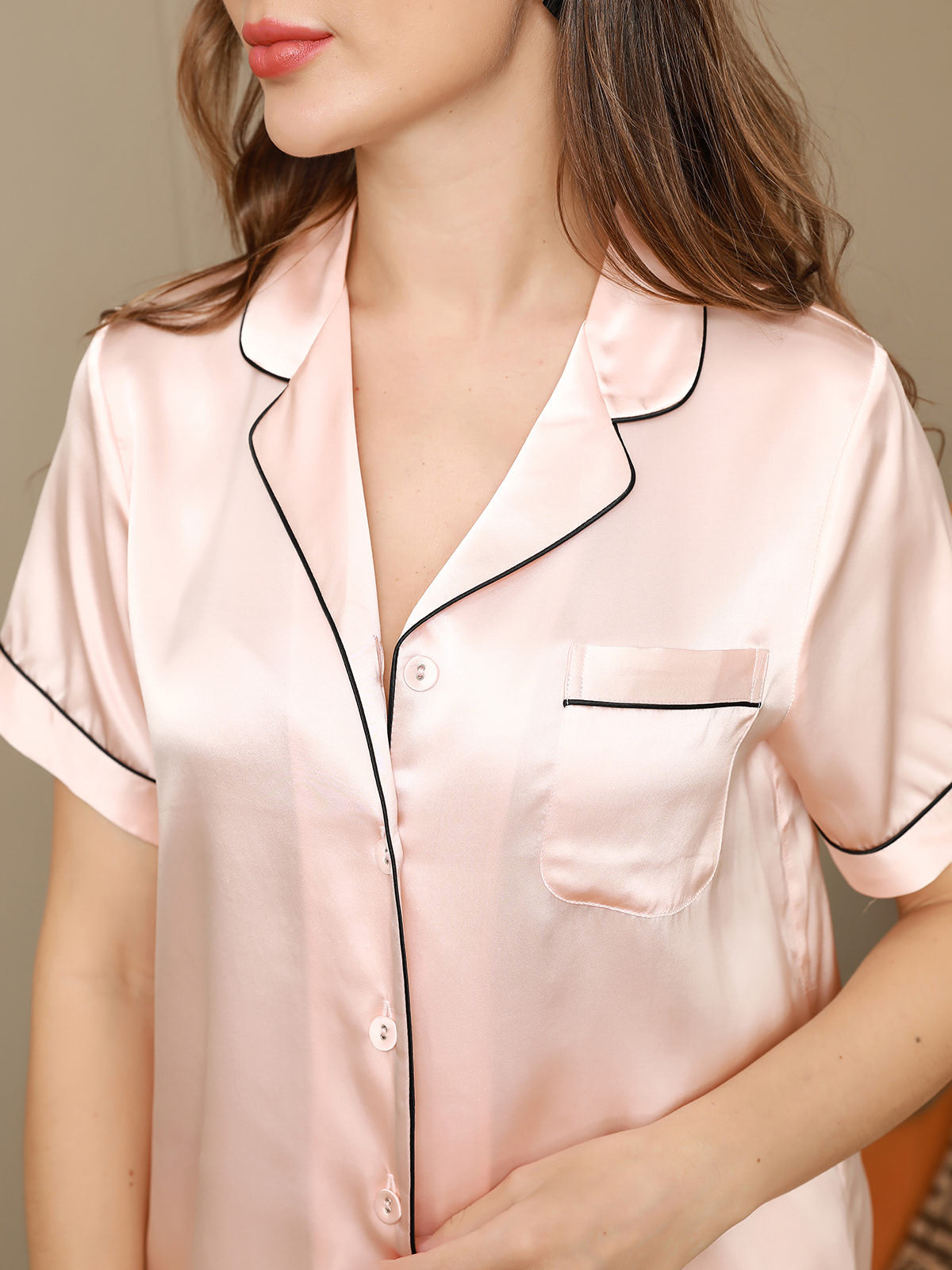Damer 100% Morbærsilke Pyjamasæt med Korte Ærmer