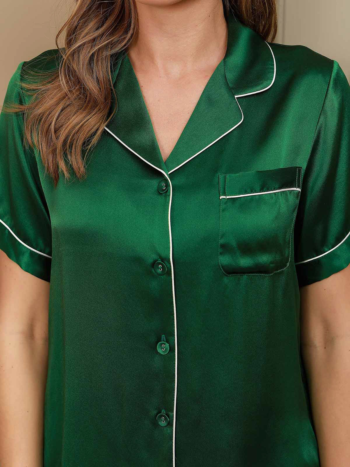 Damer 100% Morbærsilke Pyjamasæt med Korte Ærmer